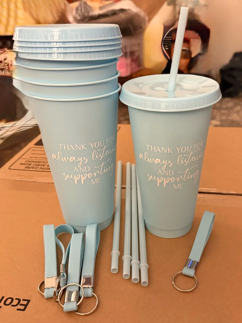Set of 45 inspirational Travel Tumblers with Straws and Keyring Bands